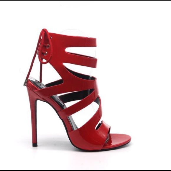 Red Cut Out Back Tie Up Heels - Picture 2 of 6